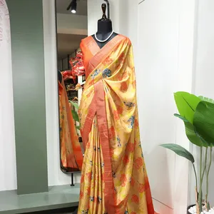 Это сари укутывает вас традициями и украшает принтами современного сари из ткани ручной работы kotha Border Saree work