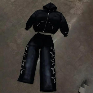 Conjuntos de chándales desgastados personalizados, estilo vintage, con efecto apilado, lavado ácido, pantalones de chándal y sudadera con capucha - Product Image 1