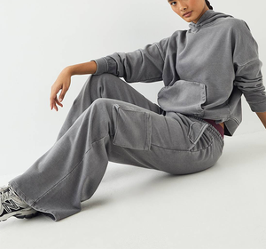 Survêtement pour femme en coton lourd de taille européenne, poches cargo, motif imprimé vintage, délavé, décontracté, jogging - Product Image 3