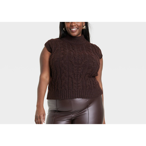 Nuevo Chaleco Corto de Lana para Mujer, Talla XXL, Color Marrón Oscuro, Cuello Alto Simulado, Decoración Bordada Vintage, Algodón para Usar como Prenda Exterior - Product Image 2