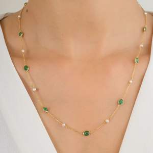 Vente en gros de bijoux fins en or jaune massif 18 carats 100% naturel Collier à maillons de conception classique pour femmes avec perle d'émeraude ovale - Product Image 2