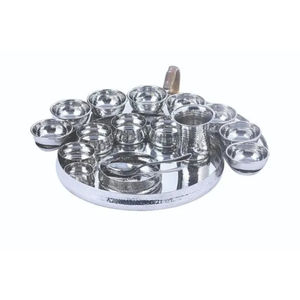 Plateau de service rond en acier inoxydable poli brillant argenté, texture martelée, ensembles de bols et de verres - Product Image 4