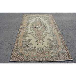 Turkish Vintage Rug, 4.8x8.4 ft Rug, <b>Brown</b> Green Polka dot <b>Wool</b> Rug - Product Image 1
