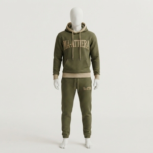 <b>Mens</b> Olive Green Hoodie Tracksuit Set Contrast Cuff <b>Pullover</b> Sweatshirt Jogger Pants Sportswear Training Gym Fitness Activewear - Product Image 1