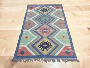 Alfombra Kilim Hecha a Mano con Diseño Geométrico, Tejido Plano de Lana, Rectangular, para Sala de Estar, con Base de Yute y Acrílico - Product Image 1