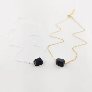 Rough Black Tourmaline Drilled Necklace 10-12mm Raw Natural Stone Drilled Gold Plated Cable Chain Necklace Rough Stone Necklaces