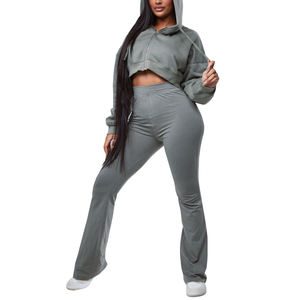 Survêtements imprimés évasés pour femmes grande taille, best-seller, lavage à l'acide, 100% coton, sweat-shirt et pantalon, poids lourd pour la saison hivernale - Product Image 1