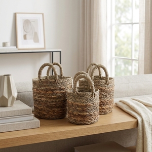 Natural Seagrass Banana Bark Basket Set Two Tone Cylinder Arch Handle <b>Planter</b> Pot Organizer Setup Pure Art Room Decor Design - Product Image 5