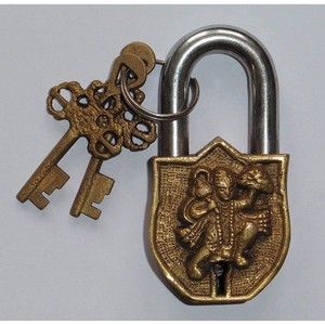 Brass Padlock - <b>Lock</b> with <b>Keys</b> - Working Functional - Brass Made Hanuman Padlock Golden - Product Image 1