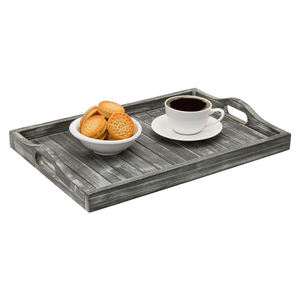 Plateau en bois rectangulaire gris rustique avec poignées Plateau de service en gros en bois de pin écologique du fabricant indien - Product Image 2