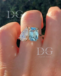 Toi Et Moi Bague de Fiançailles Vintage Blanc Bleu Deux Pierre Poire Coupe Diamant Mars Pierre De Naissance Moissanite pour Mariage ou Fête - Product Image 5