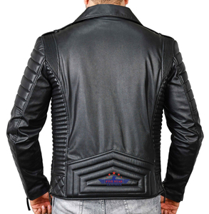 Chaqueta de motorista de lona de cuero genuino negro clásico para hombre con logotipo frontal elegante a prueba de viento prendas de vestir exteriores acolchadas - Product Image 3