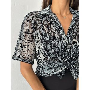 Blusa de chifón de terciopelo quemado con estampado de leopardo gris para mujer Topshow, camisa estampada de manga larga para venta al por mayor - Tallas S, M, L - Product Image 4