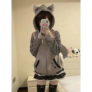 Sudadera con capucha Kawaii con cremallera para mujer, sudadera japonesa de punto Harajuku con estampado de dibujos animados, cremallera a rayas, Sudadera de manga larga con capucha - Product Image 5