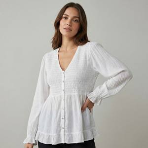 Blusa Casual con Cuello en V, Mangas Abullonadas y Dobladillo Peplum, 100% Viscosa - Product Image 1