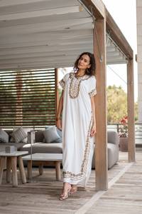 Caftan brodé en rayonne de luxe Aari travail de broderie à la main taille libre longueur au sol cheville manches respirantes modèle mignon solide - Product Image 4