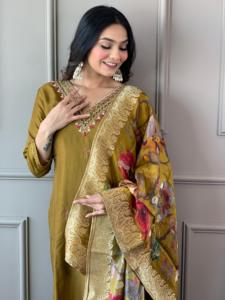 Meilleure vente femmes moderne brodé Chanderi coton Kurti ensemble à la main automne dentelle naturelle solide festif Dupatta lavable - Product Image 3