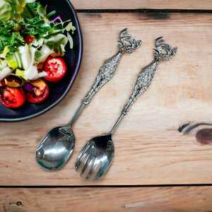 Élégant service à salade fini argenté avec poignée en forme de cerf pour une présentation raffinée et l'accueil des invités, fabriqué à la main en Inde - Product Image 5