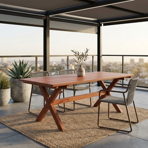 Natural Teak Wood <b>Outdoor</b> Garden Dining <b>Table</b> X Frame Cross Leg Wooden Patio <b>Table</b> Setup Decor Art Pure Room Design - Product Image 2