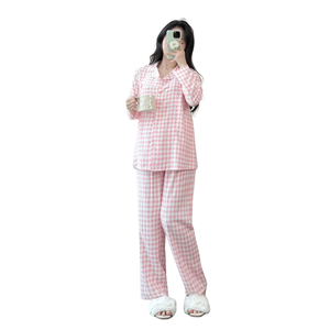 Traje de maternidad de lino a cuadros fresco B205B absorbente de sudor para mujeres embarazadas precio al por mayor - Product Image 1