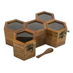 Boîte à épices Masala Daani en laiton Conteneurs hexagonaux en bois boîte à épices armoires de cuisine stockage de poudre épices et herbes utilisation masala - Product Image 2