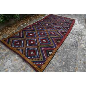 Tapis turc traditionnel rouge bleu Vintage 5.6 X 12.1ft Design Patchwork en laine pour décor de salon pour adolescents - Product Image 3