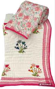 Edredón de algodón con estampado de bloques de mano reversible | Motivo floral multicolor con borde de rayas rosas | Estampado de edredón moderno y peculiar - Product Image 2