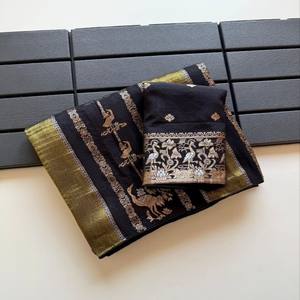 Sari VASTRA COTTAGE Premium de Tela Chinya Pura, Viscosa Georgette, Jacquard con Hilos Plateados y Dorados, Tejido Rico, Pallu Teñido a Mano - Product Image 4