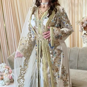Robe Caftan BLANCHE ELEGANT--BEAUTIFUL avec PERLES DE VERRE DE CRISTAL EMBELLIES, PIERRE, DABKA Zari Broderie pour Fêtes/Mariages = 2024 - Product Image 1