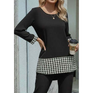 Conjunto de dos piezas de blusa y pantalón de viscosa de dos hilos con detalle de pata de gallo y cuello redondo de manga larga para mujer, 31835 - Negro - Product Image 2