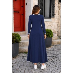 Vestido Largo de Viscosa con Cuello en V y Bolsillos, Manga Larga, Modelo 38551 - Azul Marino - Product Image 3
