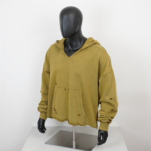 Best Selling Men's Vintage Ripped <b>V</b>-Neck Blank Drop Shoulder French Terry Acid <b>Wash</b> Distressed Cropped Hoodie High Winter - Product Image 2