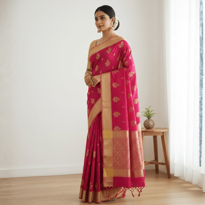 Pink Banarasi Silk Saree with Gold Zari Embroidery Chanderi Indian Bollywood Style <b>Dress</b> - Product Image 3
