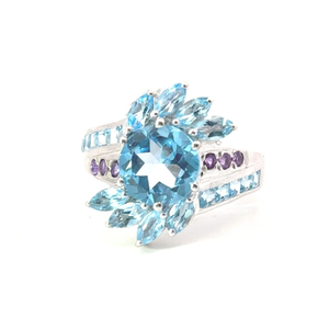 Bague de mariage de luxe style classique en argent sterling 925 pur, topaze bleue et améthyste, plaqué rhodium, finition polie, best-seller - Product Image 1