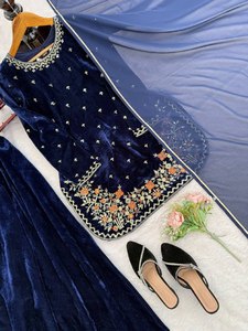 Elegante Salwar Kameez de Terciopelo Viscosa, Top de Trabajo, Pantalones Plazzo Elásticos y Dupatta con Borde de Encaje para Fiesta, Tallas M, L, XXL, XXXL - Product Image 5
