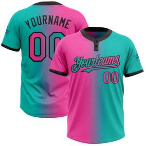 Maillot de Softball Sublimé à Deux Boutons Unisexe sur Mesure Fabriqué en Usine Chemise de Nom et Numéro de l'Équipe Brodée en Dégradé Rose Néon Aqua - Product Image 1