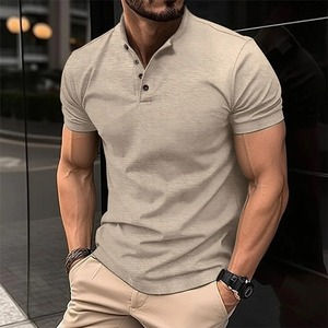 Men's Urban Fashion 100% Cotton Henry Collar T-Shirt <b>Button</b>-<b>Up</b> Summer Casual Sports for Polo <b>Short</b>-<b>Sleeved</b> Pullover Solid Canvas - Product Image 5