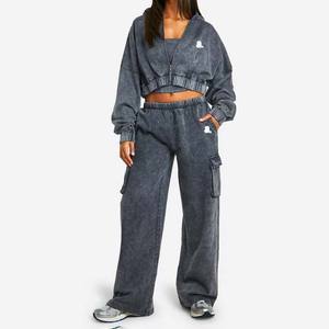 Logo personnalisé Vintage lavage à l'acide 2 en 1 poids lourd hiver sweat à capuche zippé pour les femmes 100% coton - Product Image 1