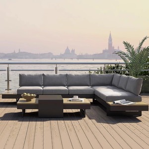 Conjunto de Sofás Modulares de Lujo para Exteriores, con Estructura de Aleación de Aluminio Contemporánea, Panel de Madera de Teca Sólida, para Patio - Product Image 2