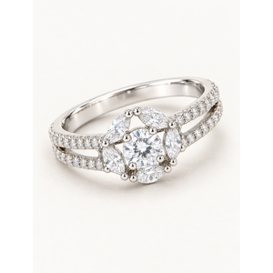 Rhodium-Plated Brass Cluster Halo <b>Ring</b> with Solitaire Inlay - Product Image 1