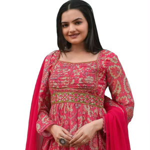 ชุดเดรส Anarkali ผ้าวิสโคสจอร์เจตต์พิมพ์ลายดอกไม้ดิจิทัลหลากสีสัน แต่งงานปักลายดิ้นทองและเลื่อม สำหรับผู้หญิง - Product Image 1