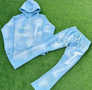 Acid Wash Winter Solid Printed Streetwear Heavyweight Cotton Hooded Elastic Waist Zip-Up Flared Full <b>Tracksuits</b> Hoodies - Product Image 1