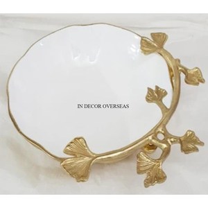 Approvisionnement décoratif de bol de service et de table enduit de poudre de couleur blanche moulée en aluminium de forme unique antique avec la conception de feuilles d'or - Product Image 6