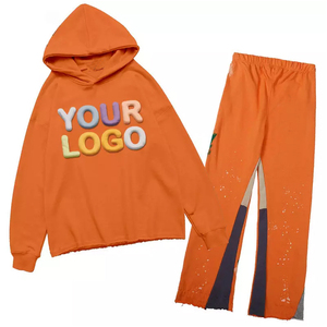 Conjunto Deportivo de Invierno Personalizado al por Mayor, Sudadera con Capucha de Estilo Urbano con Dobladillo sin Rematar y Pantalones Deportivos con Corte Acampanado, Pantalones Deportivos con Estampado de Salpicaduras - Product Image 2