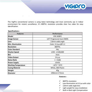 Vigipro VDC-828F800TVL Color Dome <b>camera</b> 1080P 2.8mm wide angle fixed lens CCTV <b>Camera</b> Security Surveillance Wireless IP <b>Camera</b> - Product Image 2