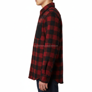 Custom Men's <b>Red</b> <b>Black</b> Plaid Flannel <b>Shirt</b> Heavyweight Cotton Crocheted Weave Turn-down Collar Buffalo <b>Check</b> Button-Up Contrast - Product Image 3