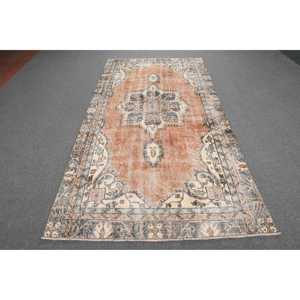 Vintage Rug, Large 4.5x9.2 ft Turkish Rug, <b>Brown</b> Blue Striped <b>Wool</b> Rug - Product Image 1