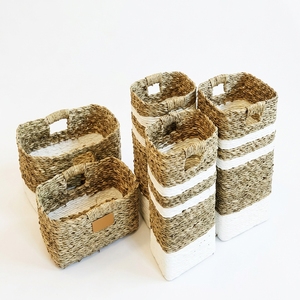 Natural Seagrass Recycled Plastic <b>Basket</b> Set <b>Rectangular</b> Organizer Trash Bin White Liner Handle Setup Pure Art Room Decor Craft - Product Image 1