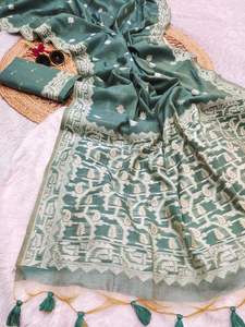 Sari de algodón Chanderi indio suave de primera calidad para mujer con Pallu de diseño Jamdani, hermoso borde en contraste y estampado Butti tejido. - Product Image 3