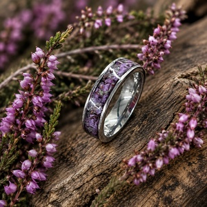 Bague Hutton Heather, motif floral botanique fait main en argent sterling 925, texture de fleur violette, inspirée des heaths de North York Moors - Product Image 3
